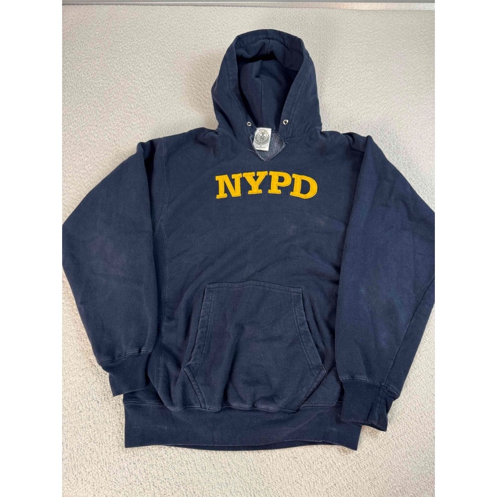 Vintage NYPD Mens Fleece Lined Pockets Long Sleeve Pullover Navy Blue Hoodie M